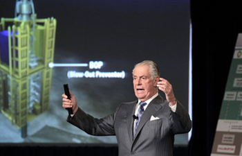 Fred Bartlit Jr., chief investigator of the National Commission on the BP Deepwater Horizon Oil Spill and Offshore Drilling, talks about the blowout preventer at a presentation in November, 2010. The Associated Press
