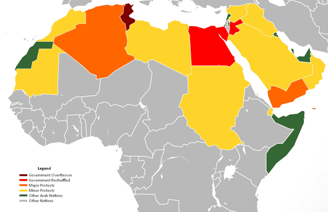 Map of the Arab World, color-coded to indicate level of civil unrest and outcome, 17 February 2011.  Aljumaily.anas / Wikimedia Commons