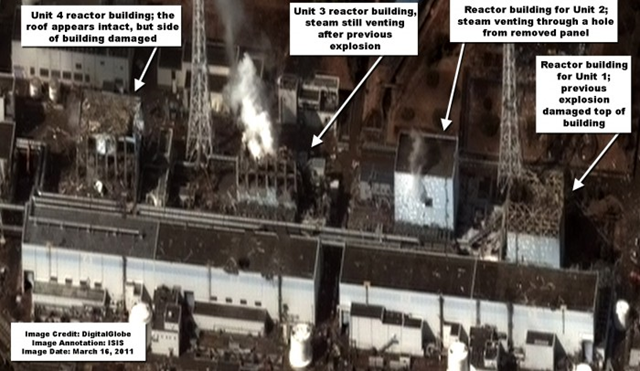 DigitalGlobe commercial satellite image of the Fukushima Daiichi nuclear site taken at 9:35AM local time on March 16, 2011. isis-online.org