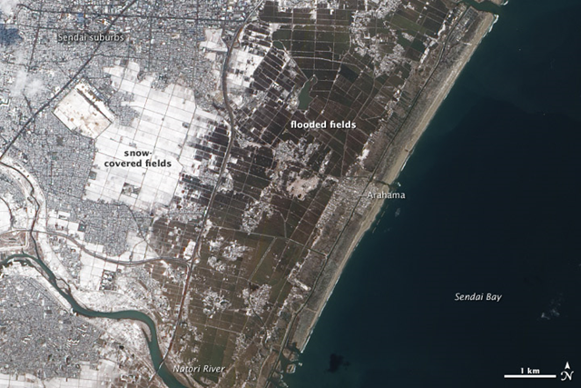 A swath of agricultural fields lies between the Japanese city of Sendai and Sendai Bay, and the area was one of the hardest hit by the tsunami on March 11, 2011. The Advanced Land Imager (ALI) on NASA&rsquo;s Earth Observing-1 (EO-1) satellite captured this natural-color image of the area on March 18, 2011. One week after the magnitude-9.0 earthquake and resulting tsunami, the fields nearest the ocean were still covered with standing water. NASA Earth Observatory image created by Jesse Allen and Robert Simmon