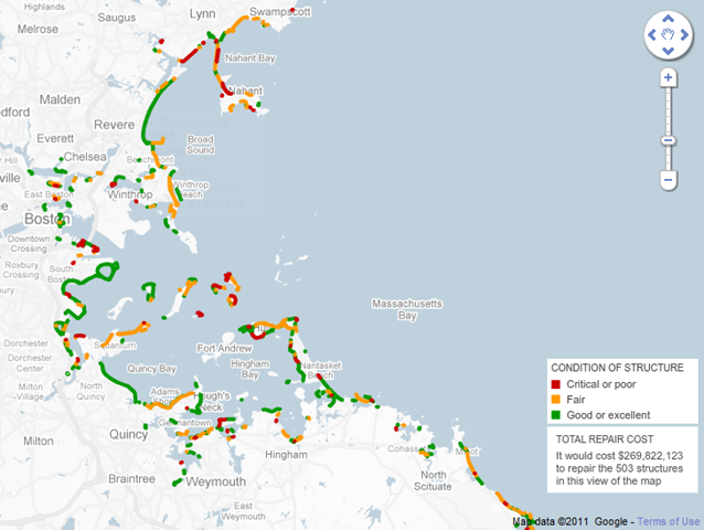 In 2007, Massachusetts commissioned a study of publicly owned sea walls and other coastal-defense structures, grading each on its condition and potential damage to property if it failed. A sea wall can be in poor condition but be a low priority to fix because if it failed, few homes or other infrastructure would be damaged. Tom Giratikanon / Boston Globe / Sources: 2009 Massachusetts Coastal Infrastructure Inventory and Assessment Project, Town of Marblehead, Department of Conservation and Recreation