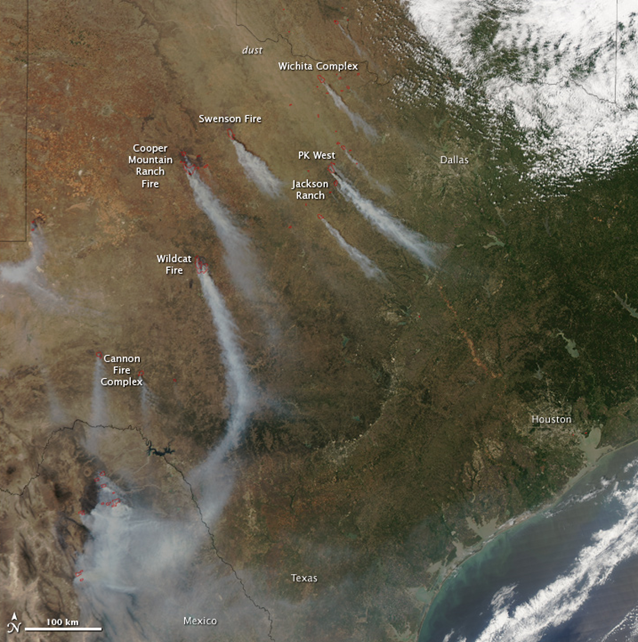 Since April 6, more than a million acres have burned throughout the state of Texas, according to the Texas Forest Service. This image, taken by the Moderate Resolution Imaging Spectroradiometer (MODIS) on NASA’s Aqua satellite, shows conditions on April 15, 2011. Wind whipped both smoke and dust southeast across the state. The fires detected by MODIS are marked in red. NASA image courtesy Jeff Schmaltz, MODIS Rapid Response Team at NASA GSFC