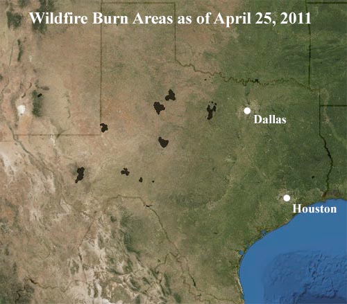 Perimeters of the major wildfires in Texas during 2011 as of April 25. Image credit: GEOMAC Wildland Fire Support