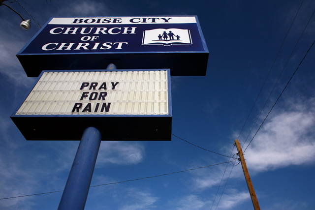 'Pray for Rain.' Boise City's current dry spell is its longest since note-keeping began in 1908. On the sign outside the Boise City Church of Christ, an apt prayer request. Matthew Staver for The New York Times