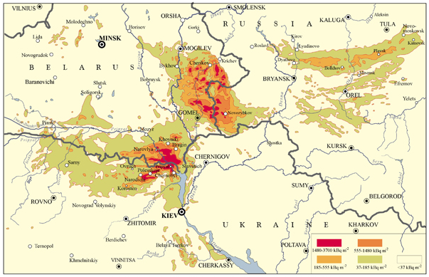 CONTAMINATED AREAS: Surface ground deposition of cesium 137 within the borders of Belarus, Russia and Ukraine--a result of the Chernobyl explosion. UNSCEAR / scientificamerican.com
