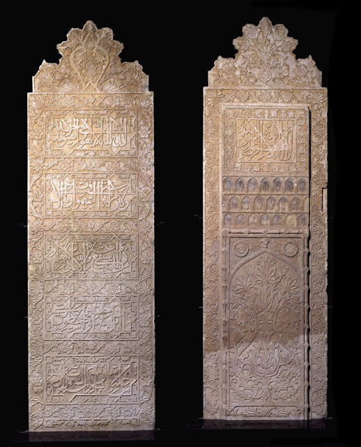 This piece of white crystalline marble is carved on both sides in Koranic verses, and was most likely used as a tombstone.India. Late 17th century. 181 x 55 x 4 cm. Courtesy of the Nasser D Khalili Collection of Islamic Art.