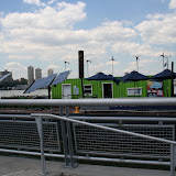 The Science Barge operates off the grid. It gets all of its energy through solar and wind power. When there is not enough sun or wind they use a diesel engine that has been converted to run off of vegetable oil.
