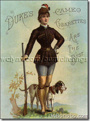 1880's cigarette advertising targeted male smokers. Ads that pictured nudes or were truly risqué, were seldom issued. Cards featuring pretty girls, however, were common. Sporting hourglass figures, these young women tantalized the mostly rural American male with provocative clothing, sometimes sensual poses, and their much admired corseted shape. Victorian femininity and beauty was defined as a 17 to 21 inch waist, the perfect size to fit comfortably between a man's two hands. W. Duke, Sons and Company produced two late 1880's Sporting Girls cigarette premium albums that pictured a dozen charming outdoor ladies ready for any upland game. (jbo)