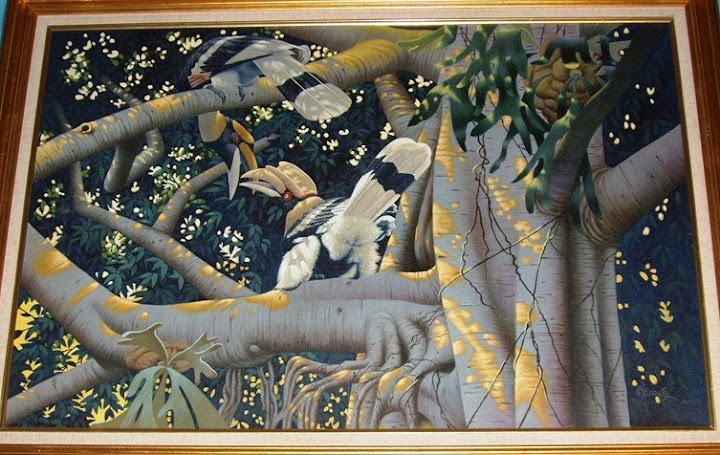 Beautiful original oil painting of 2 toucans high up in a Banyon Tree. The second toucanis cleverly painted so that it is nearly hidden within the shadows.  A charmingpainting set off richly within a golden wood frame--ready to hang on your wall.Size:  26\