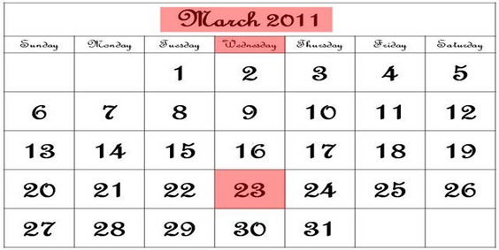 23 March 2011 Calendar Black and White 23 March 2011 Calendar Black and White
