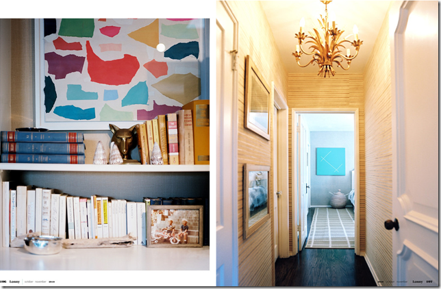 lonny-hallway-vintage-chandelier-bookshelf-wallpaper