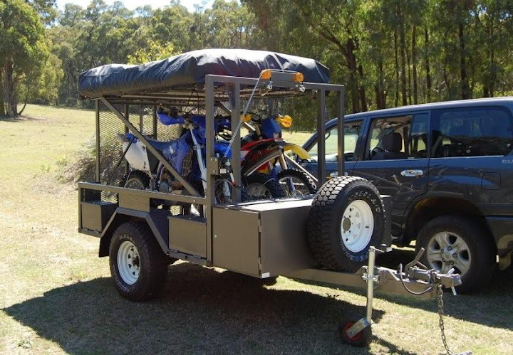 Motorbike Camper Trailer with Kitchen, Tent and 3 Dirt Bikes
