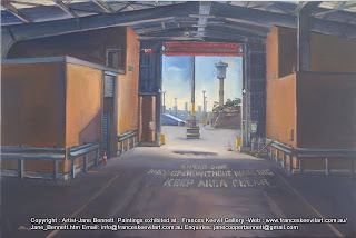 plein air oil painting of now demolished cruise ship terminal Wharf 8 at Barangaroo by industrial heritage and marine artist Jane Bennett plein air oil painting of now demolished cruise ship terminal Wharf 8 at Barangaroo by industrial heritage and marine artist Jane Bennett