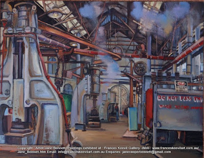 oil painting of Blacksmiths forge 'Wrought Artworks' Eveleigh Railway Workshops by industrial heritage artist Jane Bennett oil painting of Blacksmiths forge 'Wrought Artworks' Eveleigh Railway Workshops by industrial heritage artist Jane Bennett