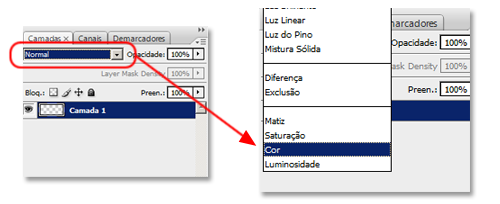 Mudando o modo de mesclagem da camada para "Cor" Mudando o modo de mesclagem da camada para "Cor"