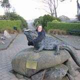 Katie gives the tuatara a congratulatory hug