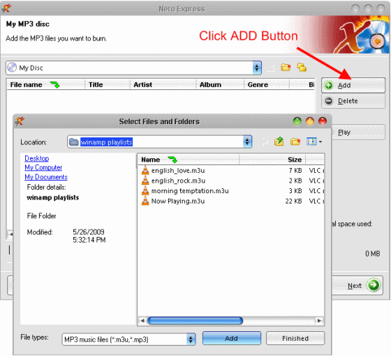 How to burn saved mp3 music playlists on CD and DVD using Nero 