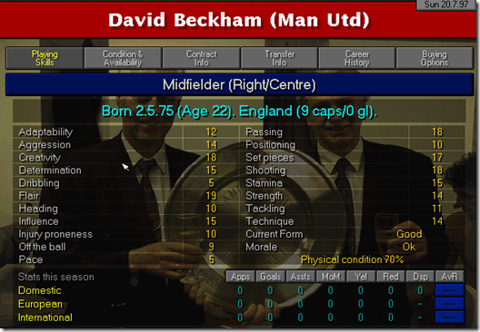 David Beckham in Championship Manager 97/98