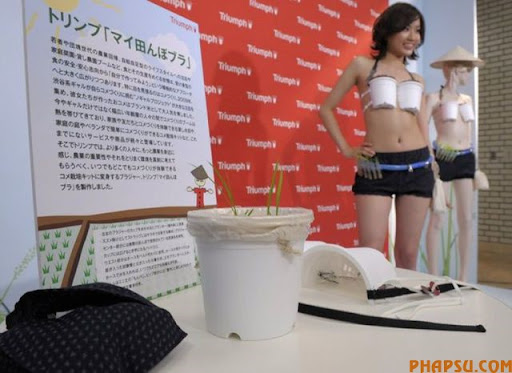 Reiko Aoyama, the campaign girl for Japan's lingerie maker Triumph International Japan, wears a "make-the-putt bra", the bra that turns into a putting mat for the busy golfing woman, at the company's headquarters in Tokyo on November 11, 2009. The garment has slots in which to store tees on either sides of the cups when worn and can roll out into a smooth putting matt at which point the bra cups become the holes that electronically congratulate you with a "nice in!" when you sink a putt. The skirt turns into a flag which has print of "be quiet" to ensure good manners on the green.  AFP PHOTO/Yoshikazu TSUNO (Photo credit should read YOSHIKAZU TSUNO/AFP/Getty Images)