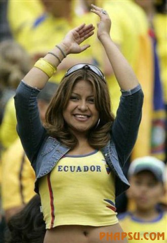 An Ecuadorian fan cheers her team prior to a World Cup 2010 qualifying soccer game between Ecuador and Venezuela in Quito, Saturday, Oct. 13, 2007. (AP Photo/Fernando Llano)