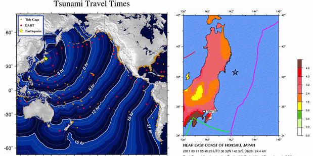 Grafis yang NOAA, menunjukkan perkiraan waktu tsunami bisa mencapai kawasan pantai di negara-negara tetangga menuju Filipina hingga Indonesia serta kawasan Pantai Barat Pasifik. 
