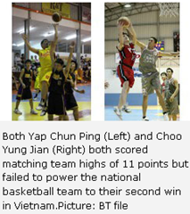 Both Yap Chun Ping (Left) and Choo Yung Jian (Right) both scored matching team highs of 11 points but failed to power the national basketball team to their second win in Vietnam.Picture: BT file 