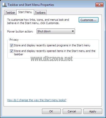 taskbar start menu properties