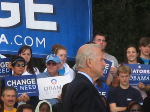 On stage, Biden knocked the mavericks as nothing but sidekicks, touted his wife with the chant Jill, baby, Jill, and ended with a rousing Go Get em Gators! for the crowd