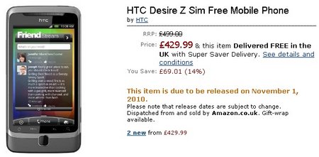 HTC Desire Z On Amazon