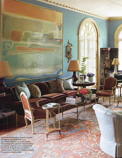 The living room 39s slate blue and orange rug really blows me away