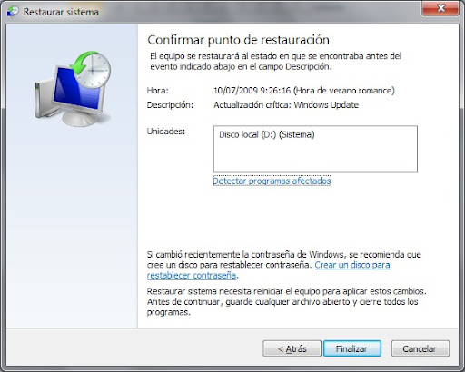 Restaurar sistema en Windows 7 Restaurar sistema en Windows 7