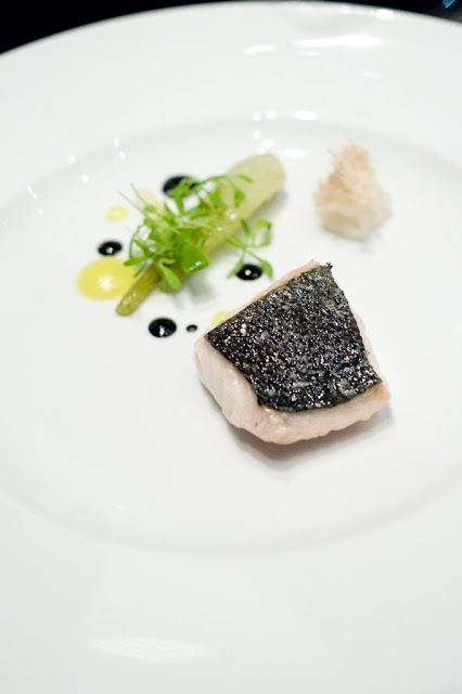 Butter Poached Blue Eye, Baby Fennel, Pickled Cuttlefish, Smoked Ink, Bacon Floss Butter Poached Blue Eye, Baby Fennel, Pickled Cuttlefish, Smoked Ink, Bacon Floss