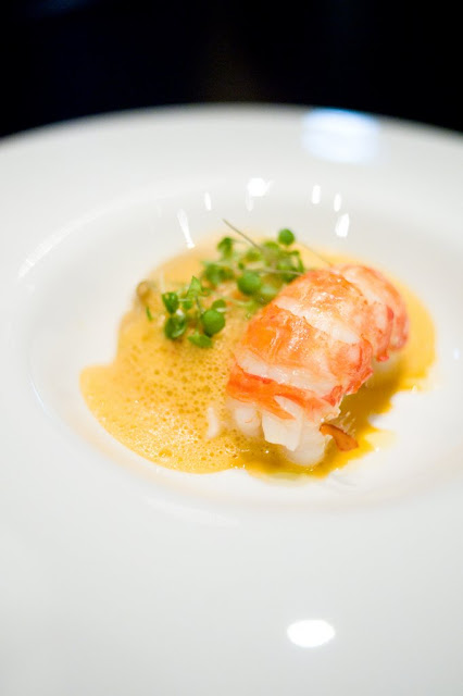 Marron tail with shimejis, golden enokis and marron veloute Marron tail with shimejis, golden enokis and marron veloute
