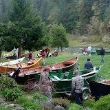People and boats setting up at the 2009 McKenzie River Drift Boat Festival at Eagle Rock Loge