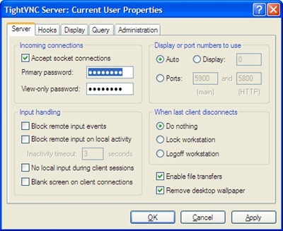 TightVNC Server: Current User Properties > Server