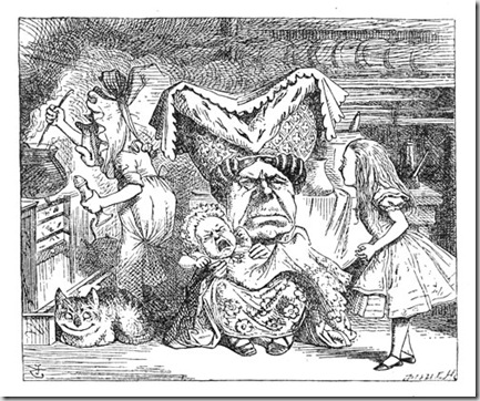 The Duchess was sitting on a three-legged stool in the middle, nursing a baby…