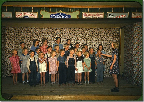 School children singing. Pie Town, New Mexico, October 1940. Reproduction from color slide. Photo by Russell Lee. Prints and Photographs Division, Library of Congress