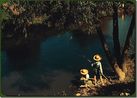Boys fishing in a bayou. Schriever, Louisiana, June 1940. Reproduction from color slide. Photo by Marion Post Wolcott. Prints and Photographs Division, Library of Congress