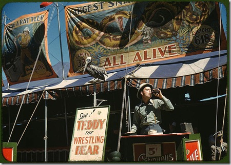 Barker at the grounds at the state fair. Rutland, Vermont, September 1941. Reproduction from color slide. Photo by Jack Delano. Prints and Photographs Division, Library of Congress