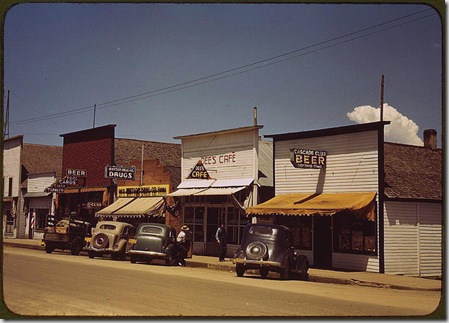 On main street of Cascade. Cascade, Idaho, July 1941. Reproduction from color slide. Photo by Russell Lee. Prints and Photographs Division, Library of Congress
