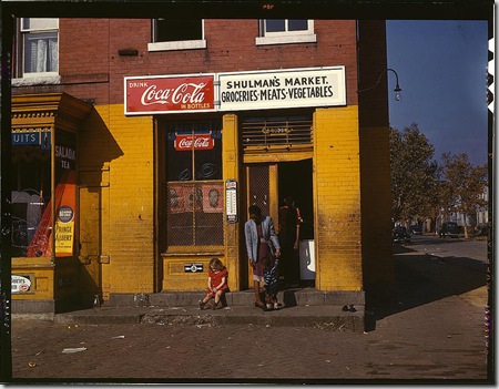 Shulman's market, on N at Union Street S.W. Washington, D.C., between 1941 and 1942. Reproduction from color slide. Photo by Louise Rosskam. Prints and Photographs Division, Library of Congress
