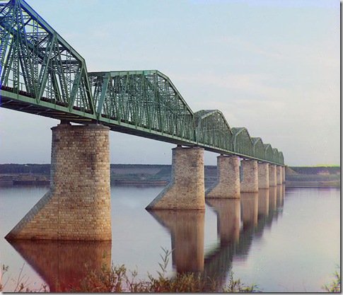 Trans-Siberian Railway metal truss bridge on stone piers, over the Kama River near Perm, Ural Mountains Region; ca. 1910
Sergei Mikhailovich Prokudin-Gorskii Collection (Library of Congress).