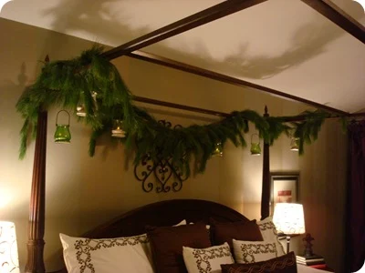 real pine greenery on bed canopy