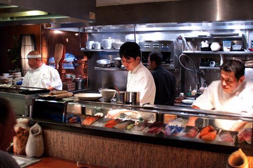 The sushi bar and open kitchen