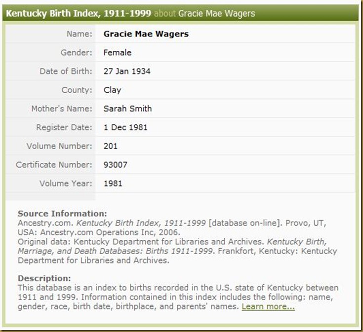 Gracie Mae Wagers Kentucky Birth Index, 1911-1999