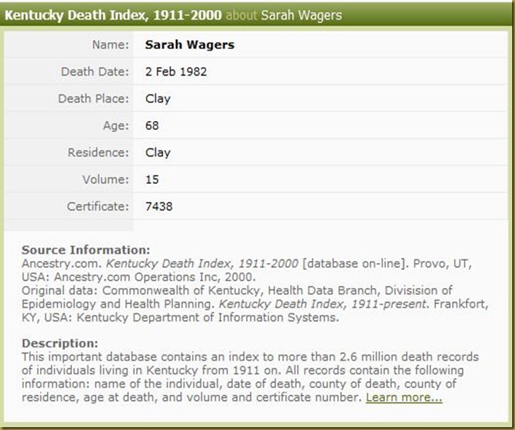 Kentucky Death Index, 1911-2000 about Sarah Wagers