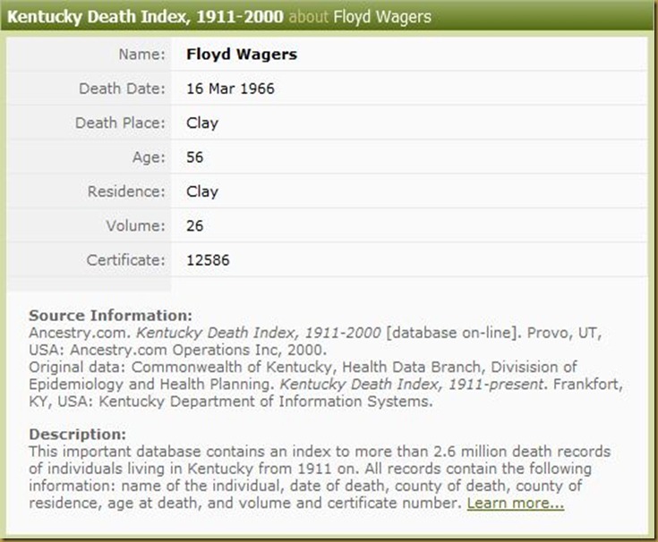 Floyd Wagers Death Record