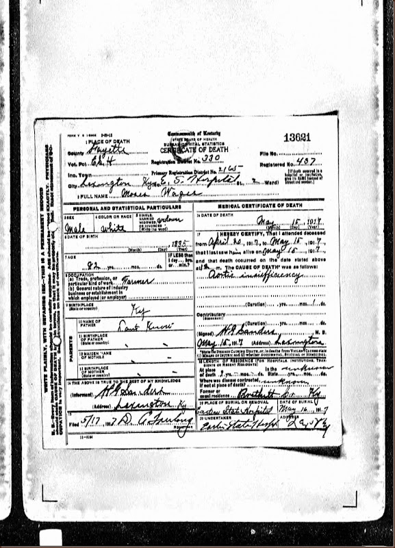 Kentucky Death Records, 1852-1953 Record for Moses Wager