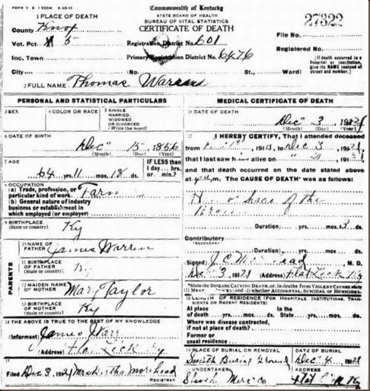 Thomas Warren death certificate