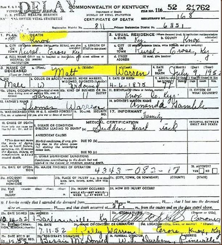 Madison Matt Warren death certificate